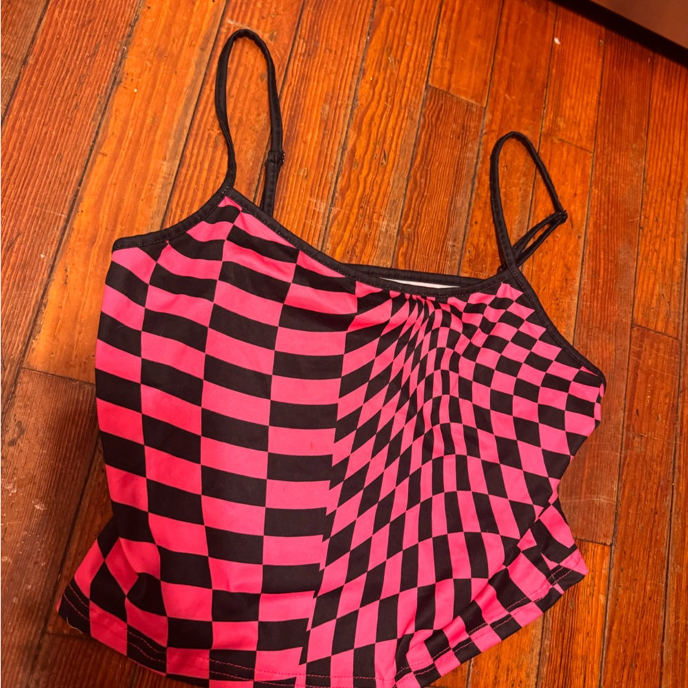Chic Nation Pink and Black Checkered Crop Top